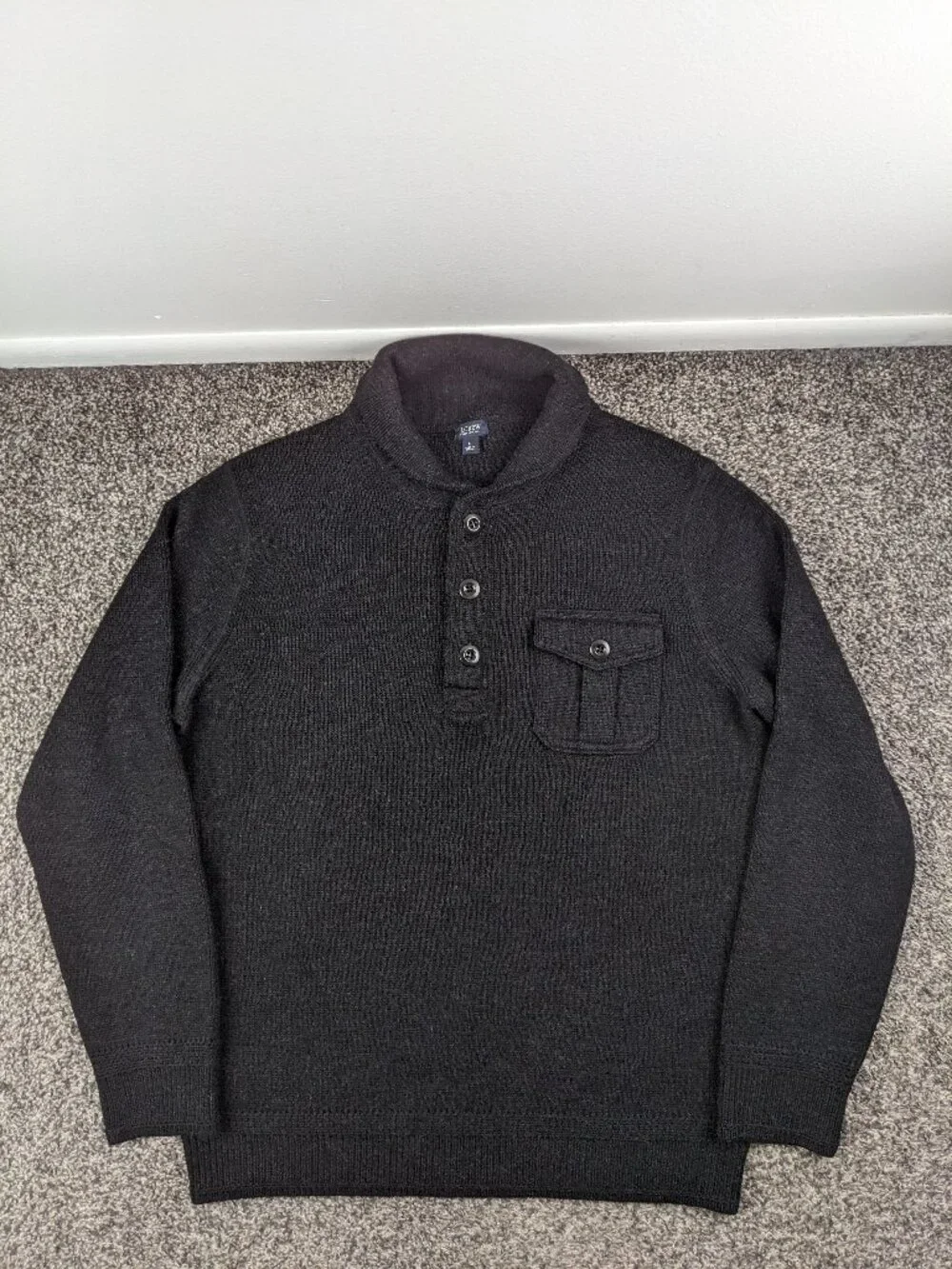 J Crew Sweater 100% Wool Shawl Polo 1/4 Button Black Gray Mens Large